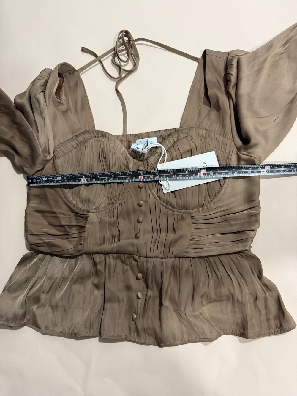 Joie Silk Blend Peplum Blouse Taupe Ruched Puff Sleeve Top S NWT - Picture 8 of 10
